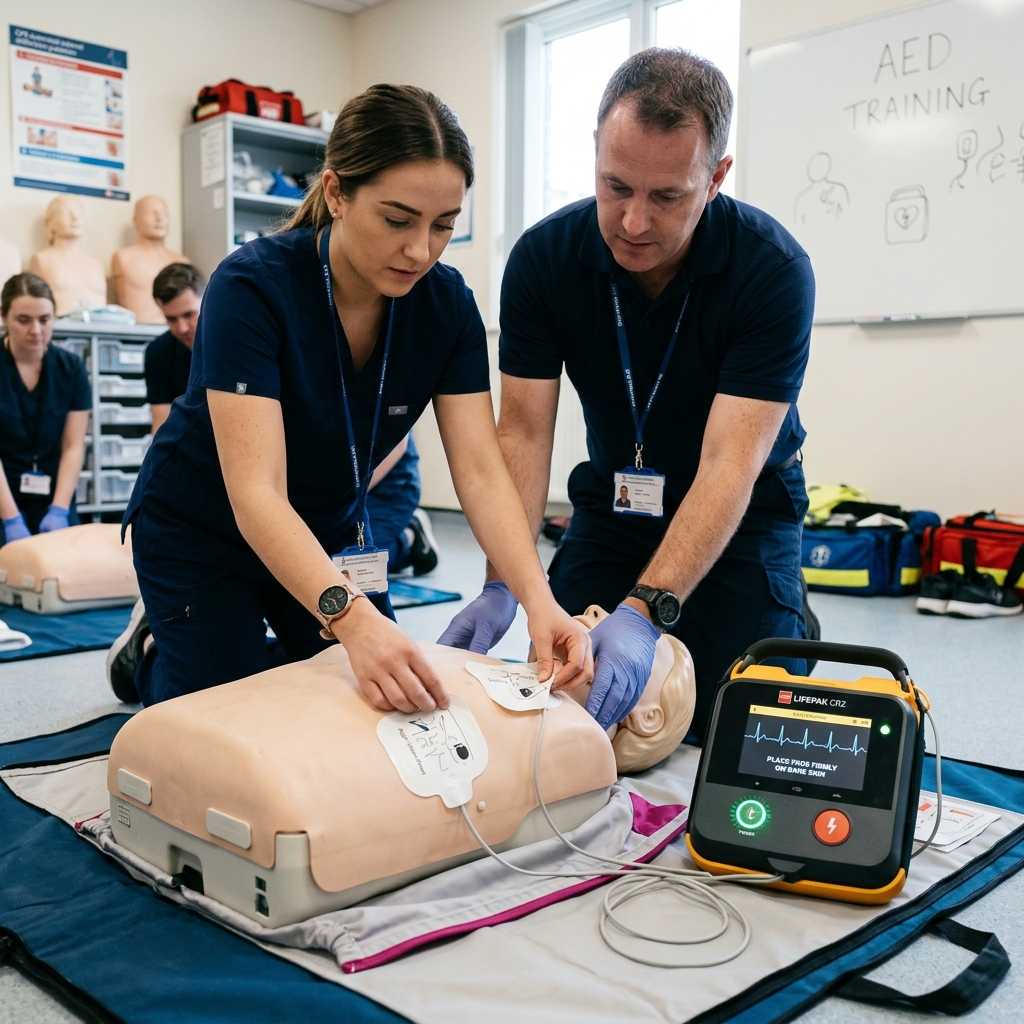 Hospitality and gym staff attaching AED pads to a training mannequin