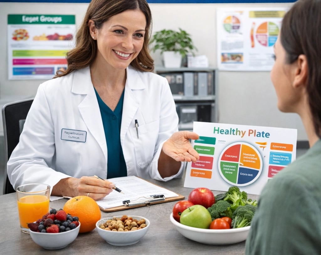Diet and nutrition session with a healthy plate guide and fresh fruit and vegetables