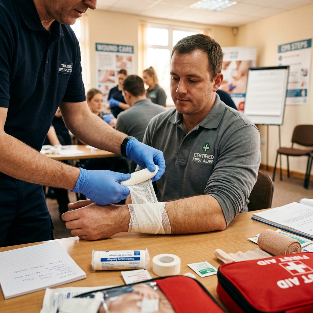 Hands-on bandaging practice during a first aid and CPR training session