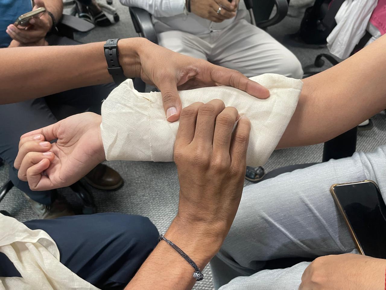 Bandaging practice during first aid training