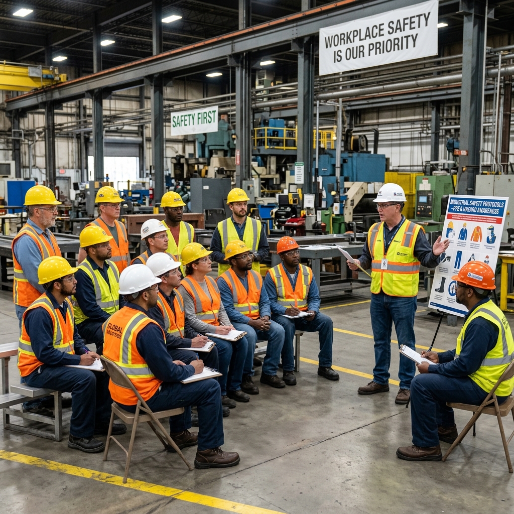 Industrial safety training session on a factory floor